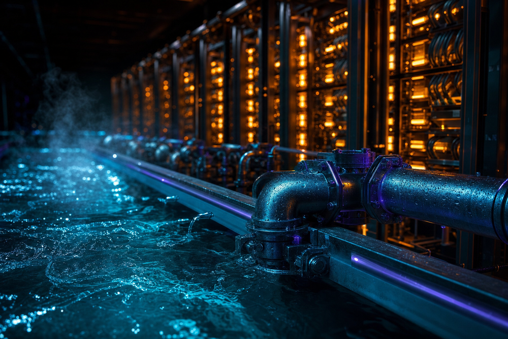 Industrial cooling-water pipework feeding glowing AI data-center server racks — sodium hypochlorite keeps the recirculating cooling water free of biofilm and Legionella