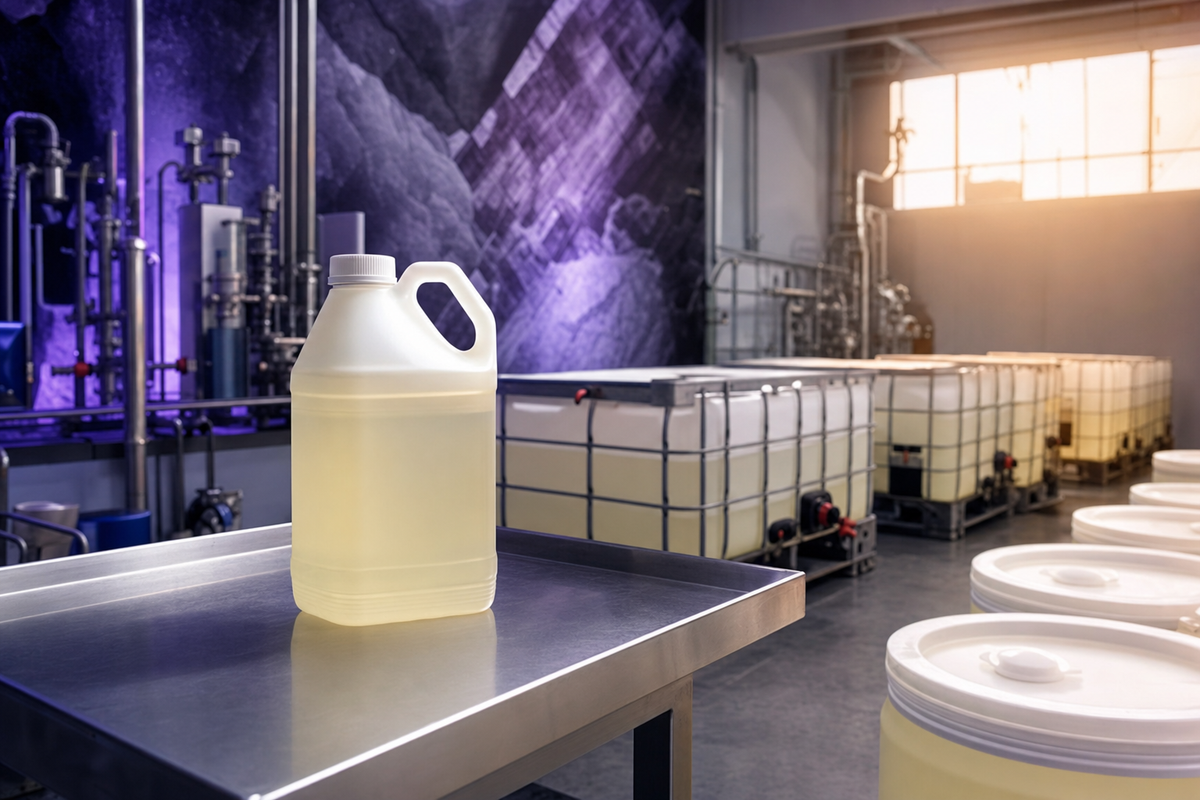 Industrial facility storing hydrofluorosilicic acid (HFS) 23% in HDPE drums and IBC totes for water treatment, metal finishing and mineral processing