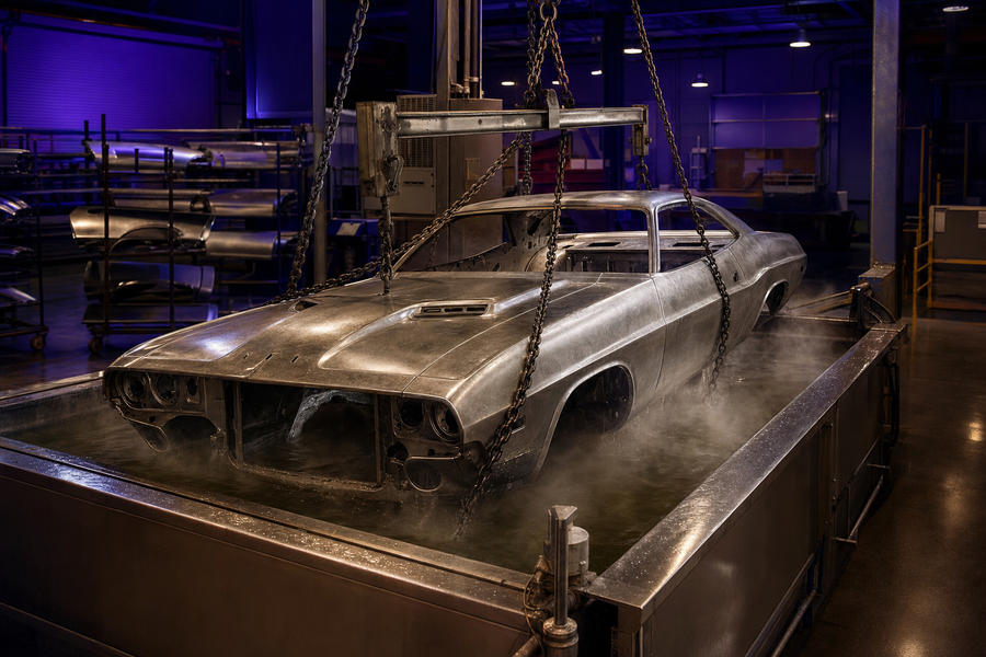 A 1970s muscle car body lowered into an industrial dip tank during the caustic strip stage of the 3-tank chemical dipping process