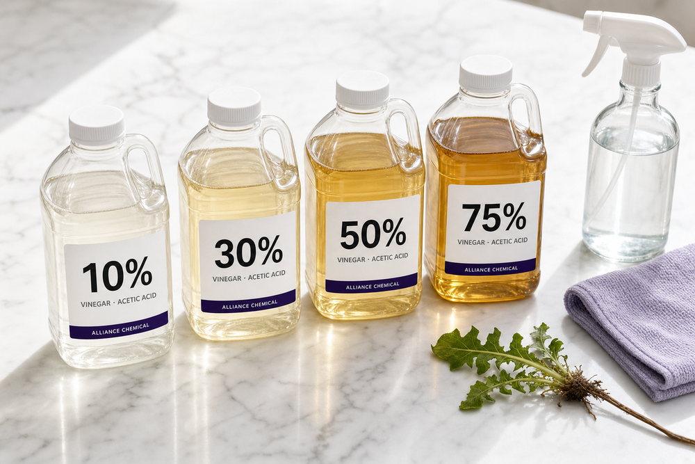 Four jugs of concentrated vinegar labeled 10%, 30%, 50% and 75% acetic acid on a marble counter with a spray bottle, cloth and weed sprig