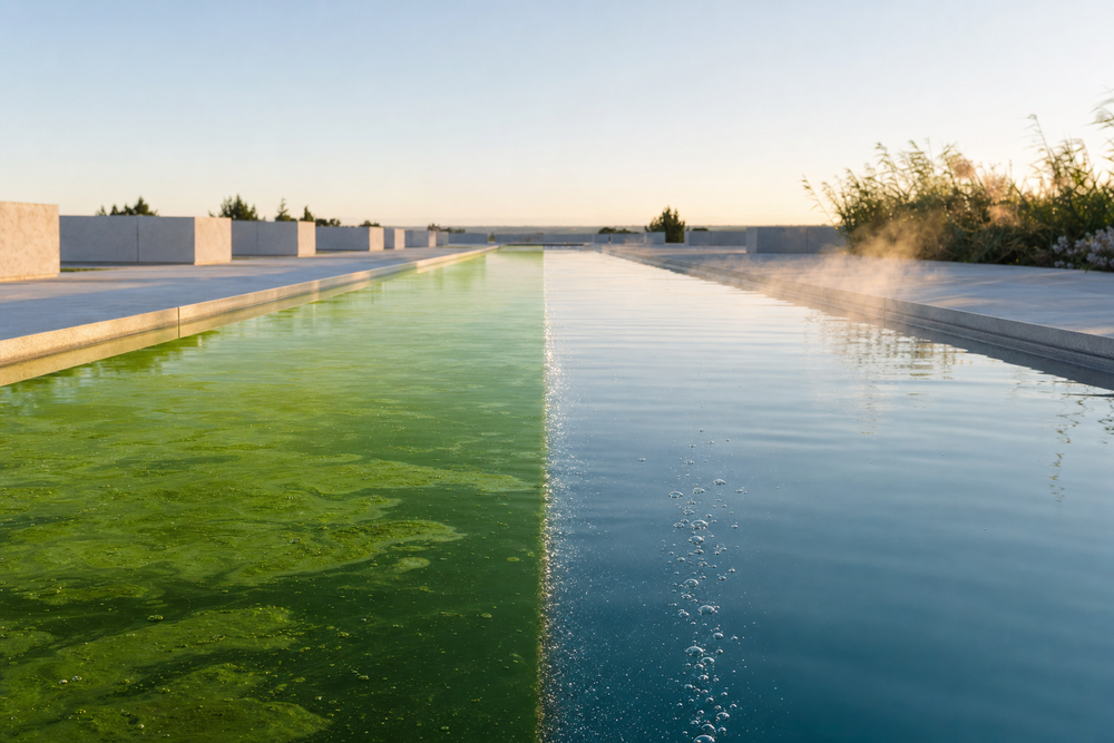 A long reflecting pool half covered in green algae and half clear blue, illustrating hydrogen peroxide algae treatment