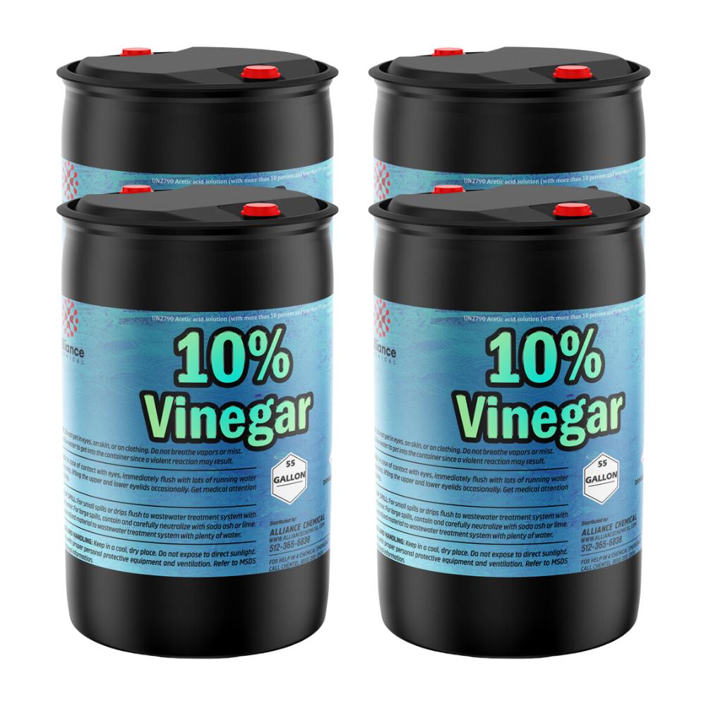 Four 55-gallon steel drums of Alliance Chemical 10% Vinegar - Concentrated Industrial Strength with black bodies and red c...