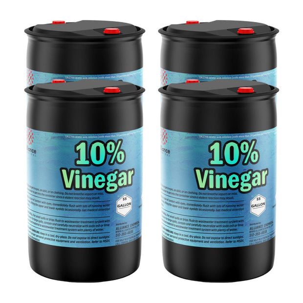 Four 55-gallon steel drums of Alliance Chemical 10% Vinegar - Concentrated Industrial Strength with black bodies and red c...