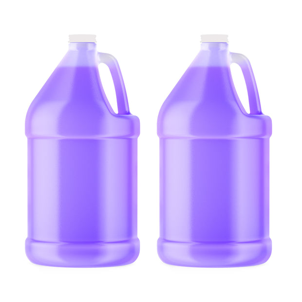 Two 1-gallon clear HDPE jugs of Alliance Chemical 1 Gallon Clear HDPE Jug with handles and white caps.