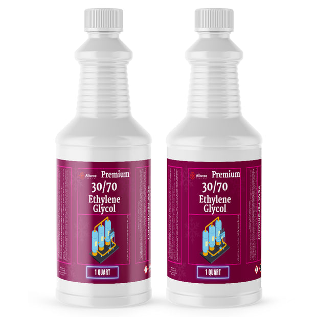 Two 1-quart plastic bottles of Alliance Chemical Ethylene Glycol 30/70 with white screw caps and product labels.