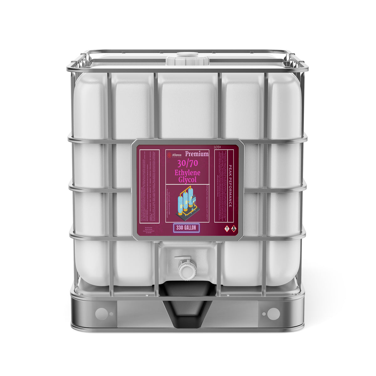 One 330-gallon plastic tote of Alliance Chemical Ethylene Glycol 30/70 with a metal cage and a spigot.