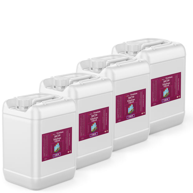 Four 5-gallon HDPE jugs of Alliance Chemical Ethylene Glycol 30/70 with white caps, handles, and product labels
