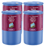 Four 55-gallon blue plastic drums of Alliance Chemical Ethylene Glycol 30/70 with white caps and product labels.
