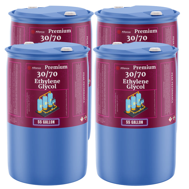 Four 55-gallon blue plastic drums of Alliance Chemical Ethylene Glycol 30/70 with white caps and product labels.