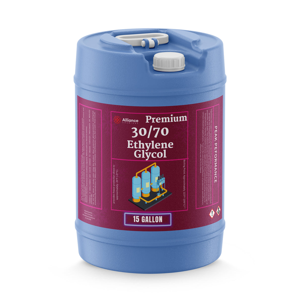 One 15-gallon plastic pail of Alliance Chemical Ethylene Glycol 30/70 with a white screw cap and handle.
