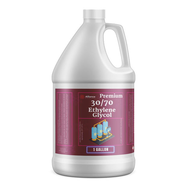 1-gallon HDPE jug of Alliance Chemical Ethylene Glycol 30/70 with a white screw cap, handle, and product label.