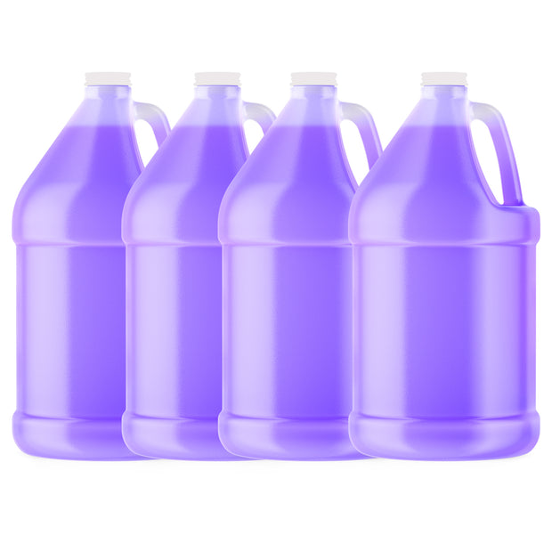 Four 1 Gallon Clear HDPE Jugs of Alliance Chemical 1 Gallon Clear HDPE Jug with handles and white caps.