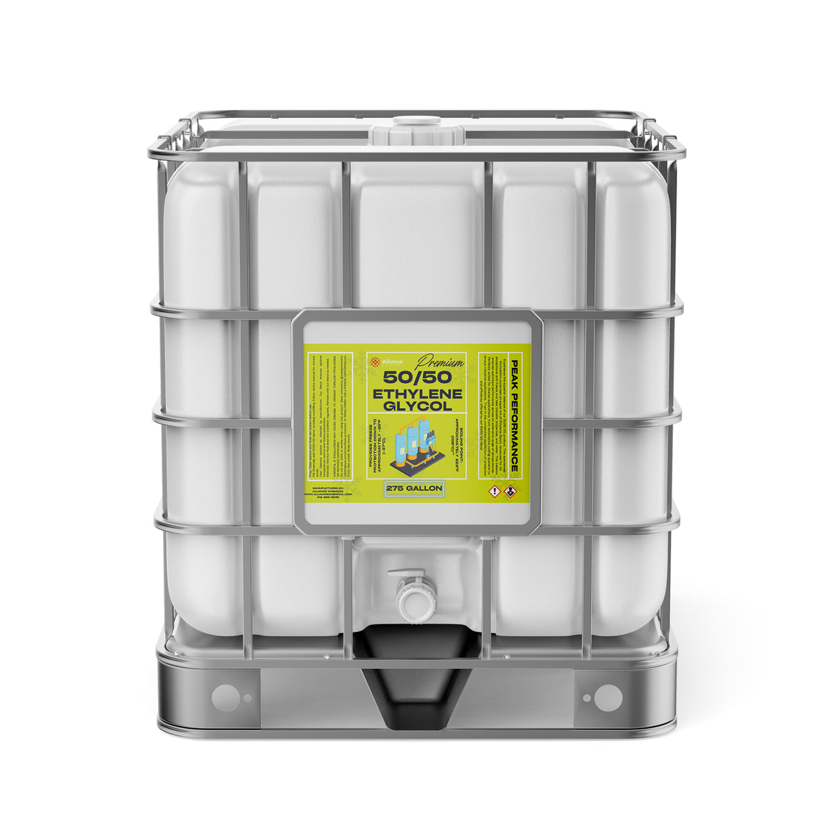 One 275-gallon plastic tote of Alliance Chemical Ethylene Glycol 50/50 with a steel cage and a yellow label.