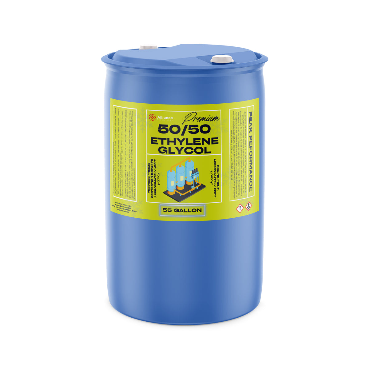 Alliance Chemical 55-gallon blue plastic drum of Premium 50/50 Ethylene Glycol antifreeze blend with yellow safety label