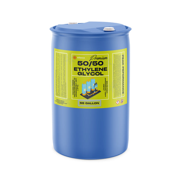 1 55-gallon plastic drum of Alliance Chemical Ethylene Glycol 50/50 with blue cap and product label.