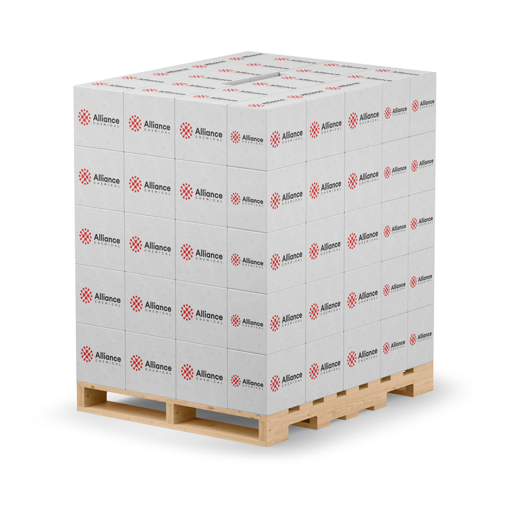 48 cardboard boxes of Alliance Chemical 20% Diluted Acetic Acid Food Grade on a wooden pallet.