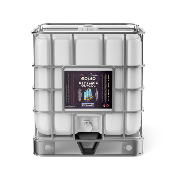 One 275-gallon plastic tote of Alliance Chemical Ethylene Glycol 60/40 with a metal cage and a spigot.