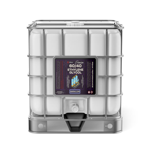 One 330-gallon plastic tote of Alliance Chemical Ethylene Glycol 60/40 with a metal cage.