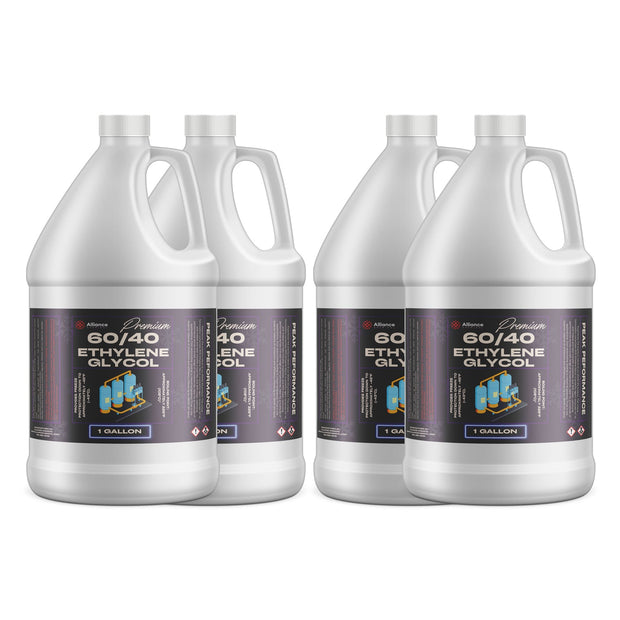 4x1-gallon Premium 60/40 Ethylene Glycol in HDPE jugs with industrial warning symbols, black labels, Alliance Chemical