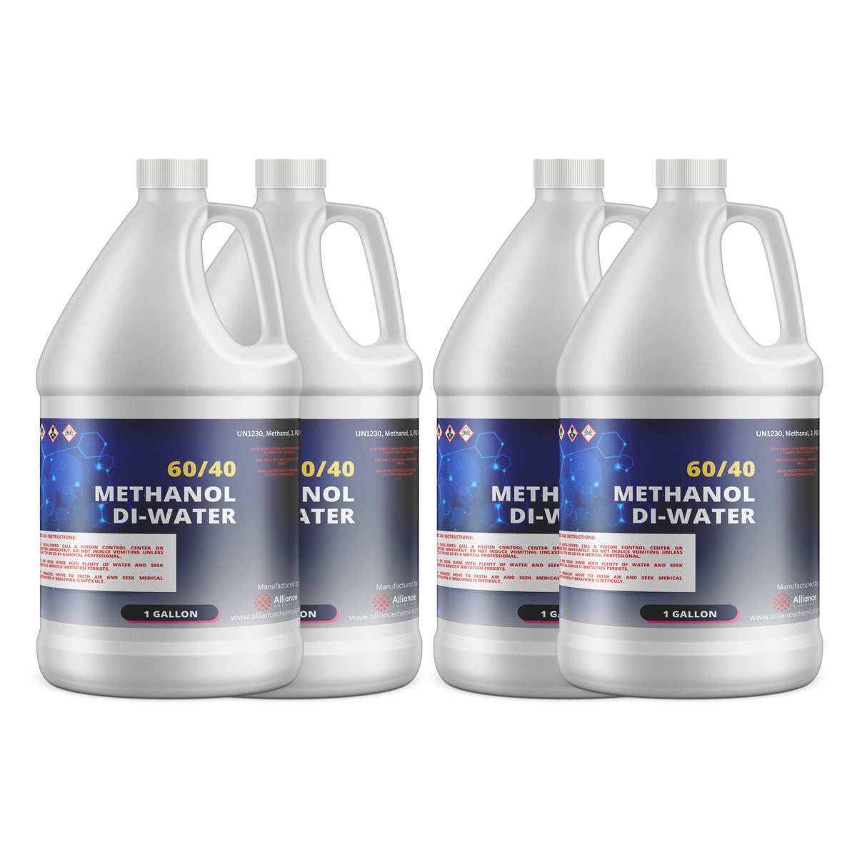 Four 1-gallon HDPE jugs of Alliance Chemical 60/40 Methanol/ DI Water Solution with white screw caps and handles.