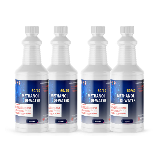 Four 1-quart plastic jugs of Alliance Chemical 60/40 Methanol/ DI Water Solution with white caps and product labels.