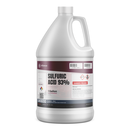 Sulfuric Acid 93% Technical Grade in a 1-gallon plastic jug for pH adjustment and metal treatment, Alliance Chemical