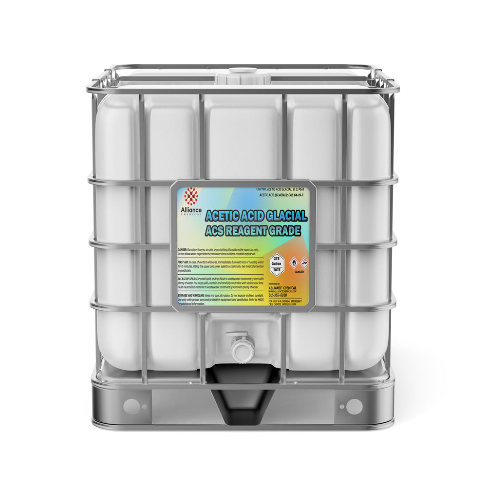 275-gallon IBC tote of Acetic Acid Glacial ACS Reagent Grade with corrosive/flammable warning symbols, metal cage frame