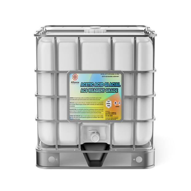 One 275-gallon Alliance Chemical Acetic Acid Glacial ACS Grade plastic tote with a metal cage and product label.