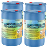 4x55-gallon HDPE drums of Acetic Acid Glacial 99% ACS Reagent Grade hazard warnings, and Alliance Chemical labeling