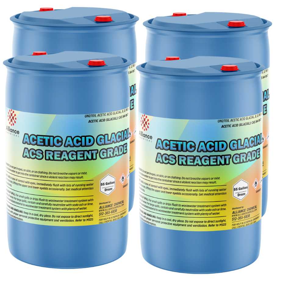 Four 55-gallon blue plastic drums of Alliance Chemical Acetic Acid Glacial ACS Grade with red caps and safety label.