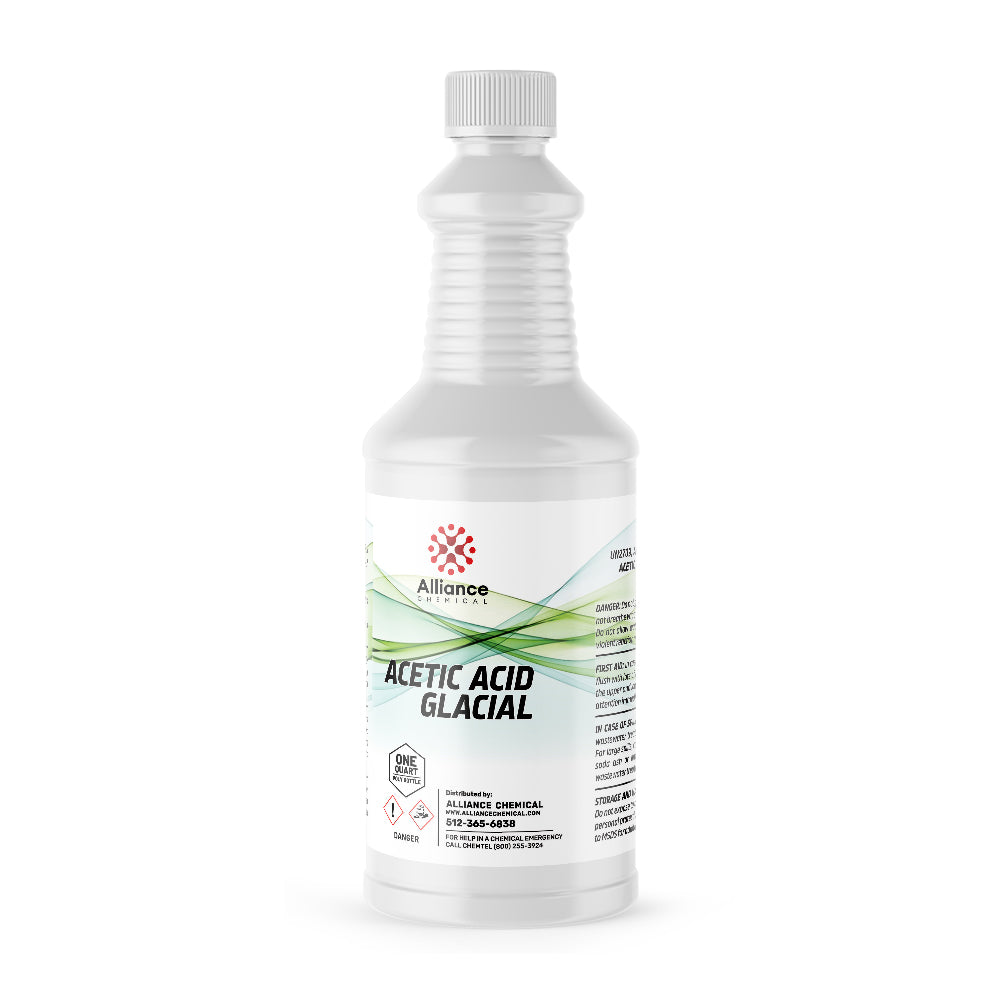 Quart bottle of Glacial Acetic Acid technical grade with corrosive/danger warning symbols, ribbed container design