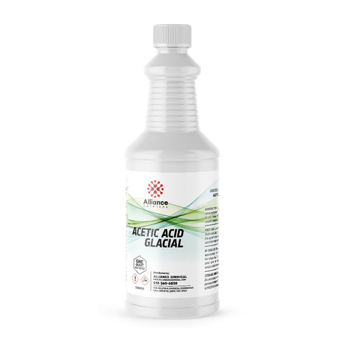 Quart bottle of Glacial Acetic Acid technical grade with corrosive/danger warning symbols, ribbed container design