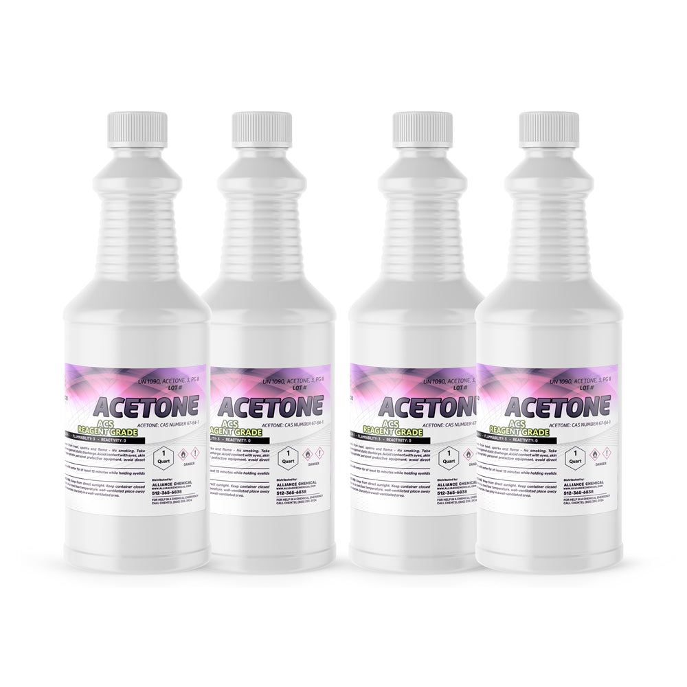 Four 1-quart plastic bottles of Alliance Chemical Acetone ACS Grade with white screw caps and product labels.