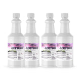 Four 1-quart plastic bottles of Alliance Chemical Acetone ACS Grade with white screw caps and product labels.
