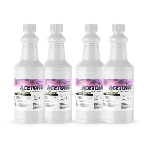 Four 1-quart plastic bottles of Alliance Chemical Acetone ACS Grade with white screw caps and product labels.