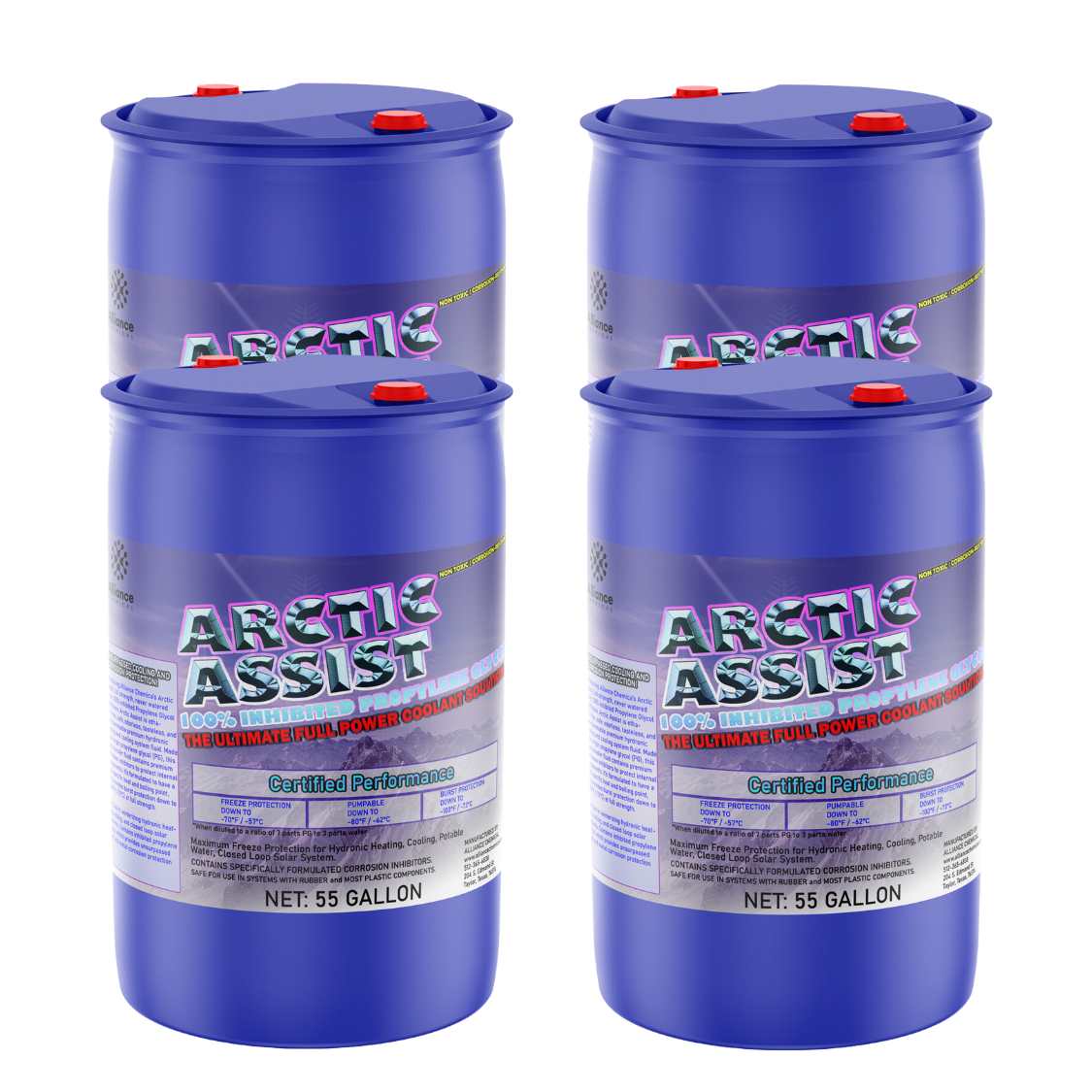 Four 55-gallon plastic drums of Alliance Chemical Arctic Assist with labels and red caps on a blue container.