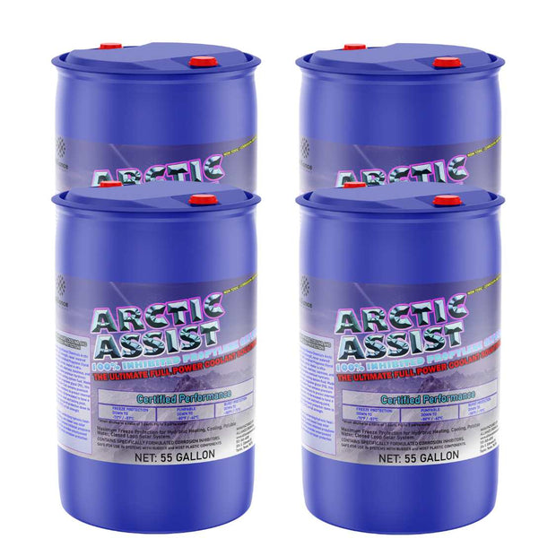 Four 55-gallon plastic drums of Alliance Chemical Arctic Assist with labels and red caps on a blue container.