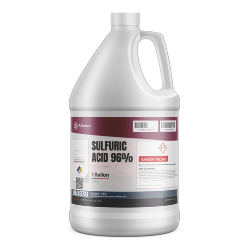 Sulfuric Acid 96% ACS Reagent Grade in a 1-gallon white plastic jug for chemical manufacturing and metal treatment, Alliance Chemical