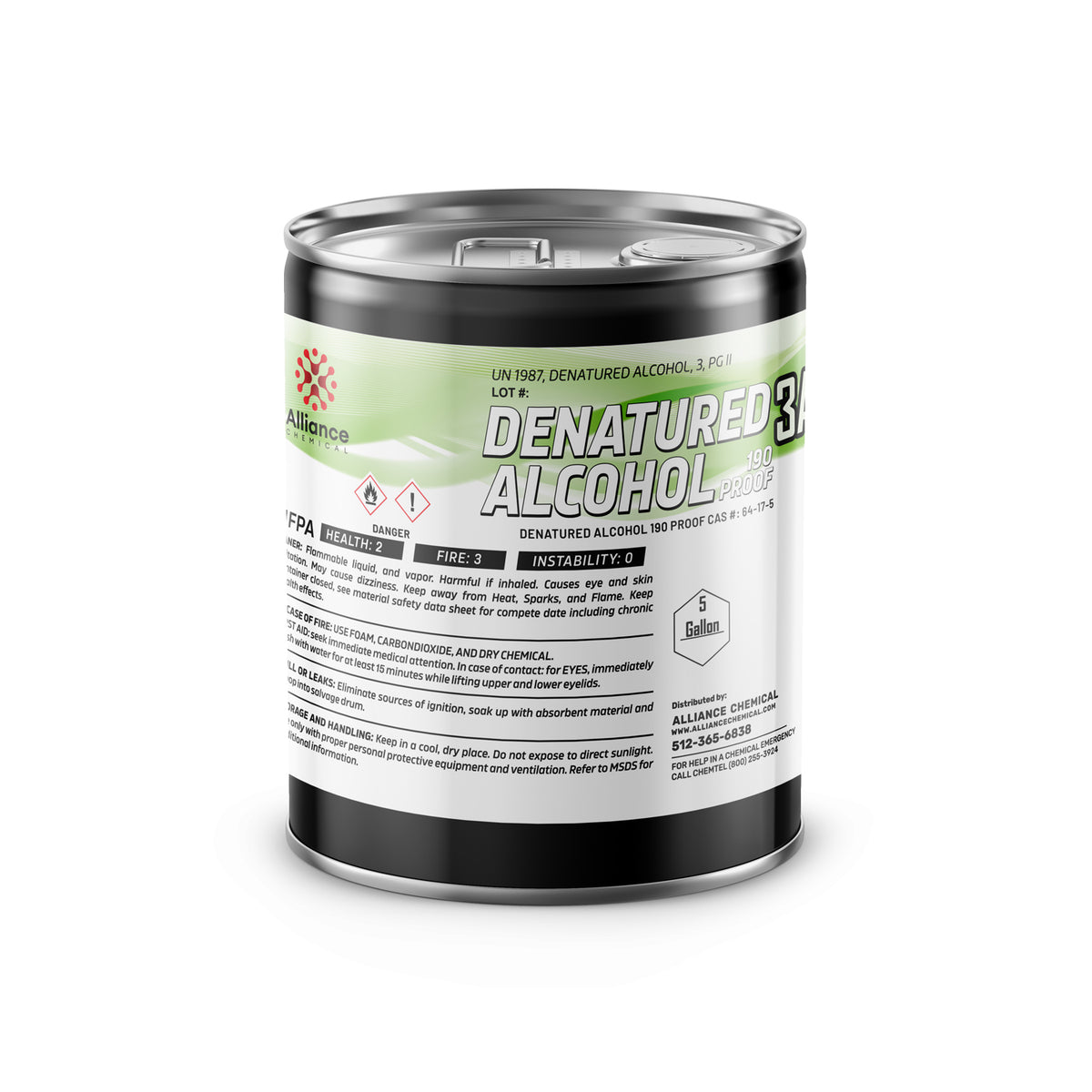 One 5-gallon steel pail of Alliance Chemical Denatured Alcohol 190 Proof 3A with a silver top and product label.