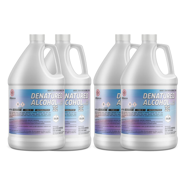 4-gallon set of Alliance Chemical 190-proof denatured alcohol 3C in HDPE containers with flammable/health hazard warnings