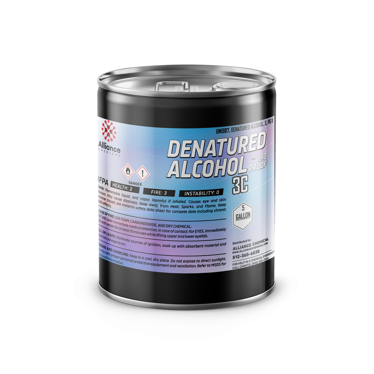 5-gallon metal drum of Alliance Chemical 190-proof denatured alcohol 3C, with NFPA diamond showing Health:2, Fire:3, black