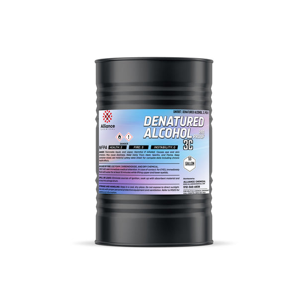 55-gallon black drum of Alliance Chemical 190-proof denatured alcohol 3C, displaying NFPA diamond (2-3-0) and flammable