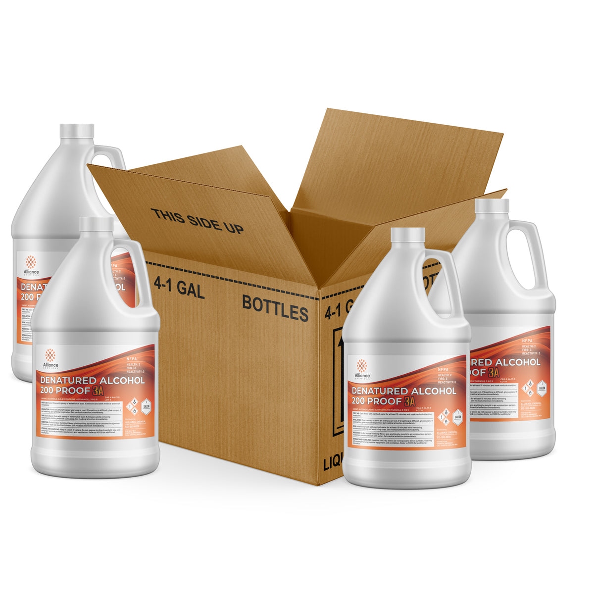 Alliance Chemical 4x1-gallon case of Alliance 200-proof denatured alcohol 3A in HDPE containers packed in cardboard box THIS