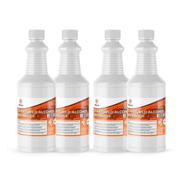 Four 1-quart plastic bottles of Alliance Chemical Denatured Alcohol 200 Proof 3A with white caps and product labels