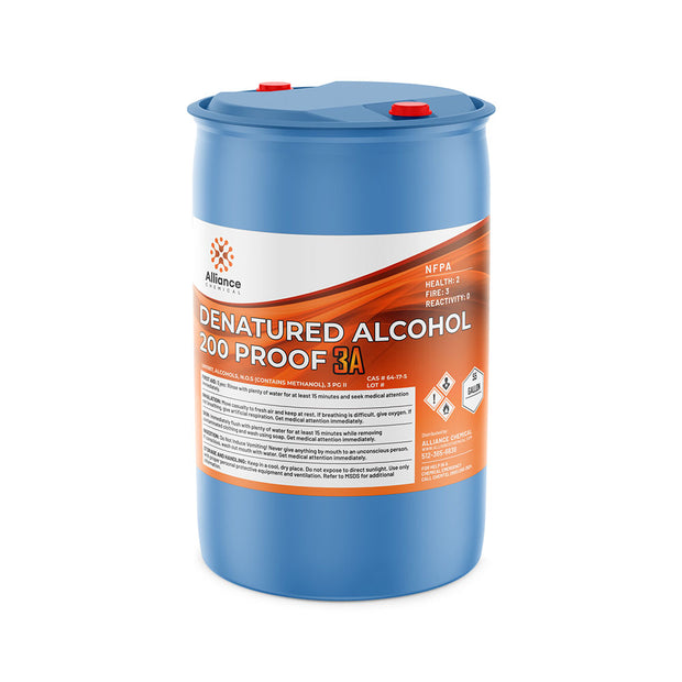 55-gallon blue drum of Alliance Chemical Denatured Alcohol 200 Proof 3A with NFPA diamond, and red safety caps