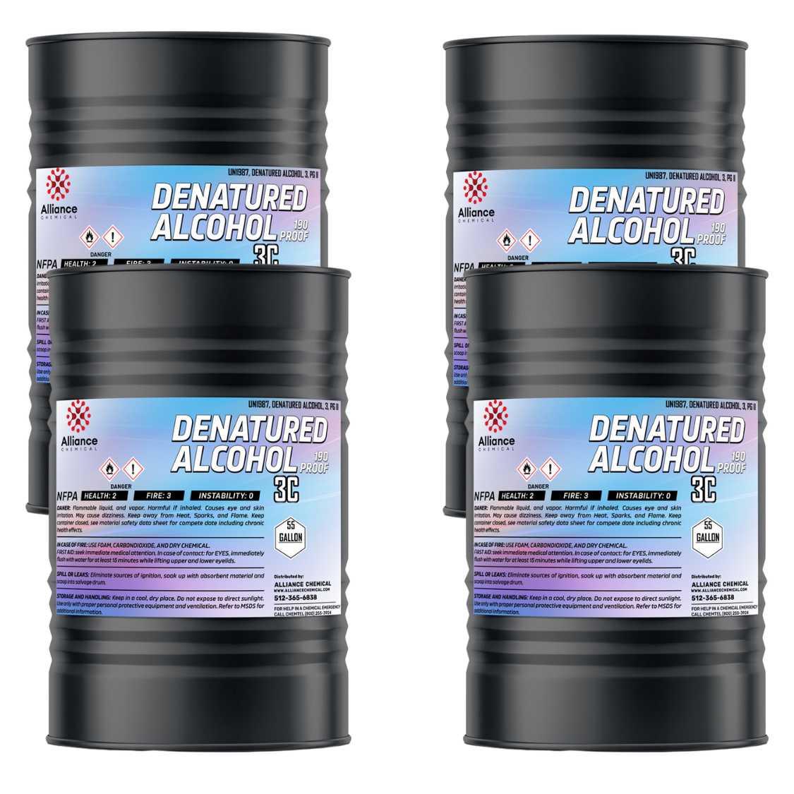 55-gallon steel drums of 190-proof denatured alcohol 3C with NFPA diamonds (Health:2, Fire:3), and Alliance Chemical