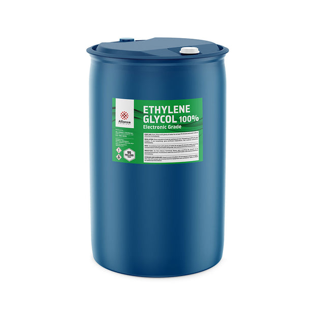 55-gallon HDPE drum of Alliance Chemical 100% Electronic Grade Ethylene Glycol, with GHS hazard symbols and industrial