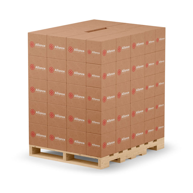 32 cardboard boxes of Alliance Chemical Citric Acid 50% Solution on a wooden pallet with red logo.