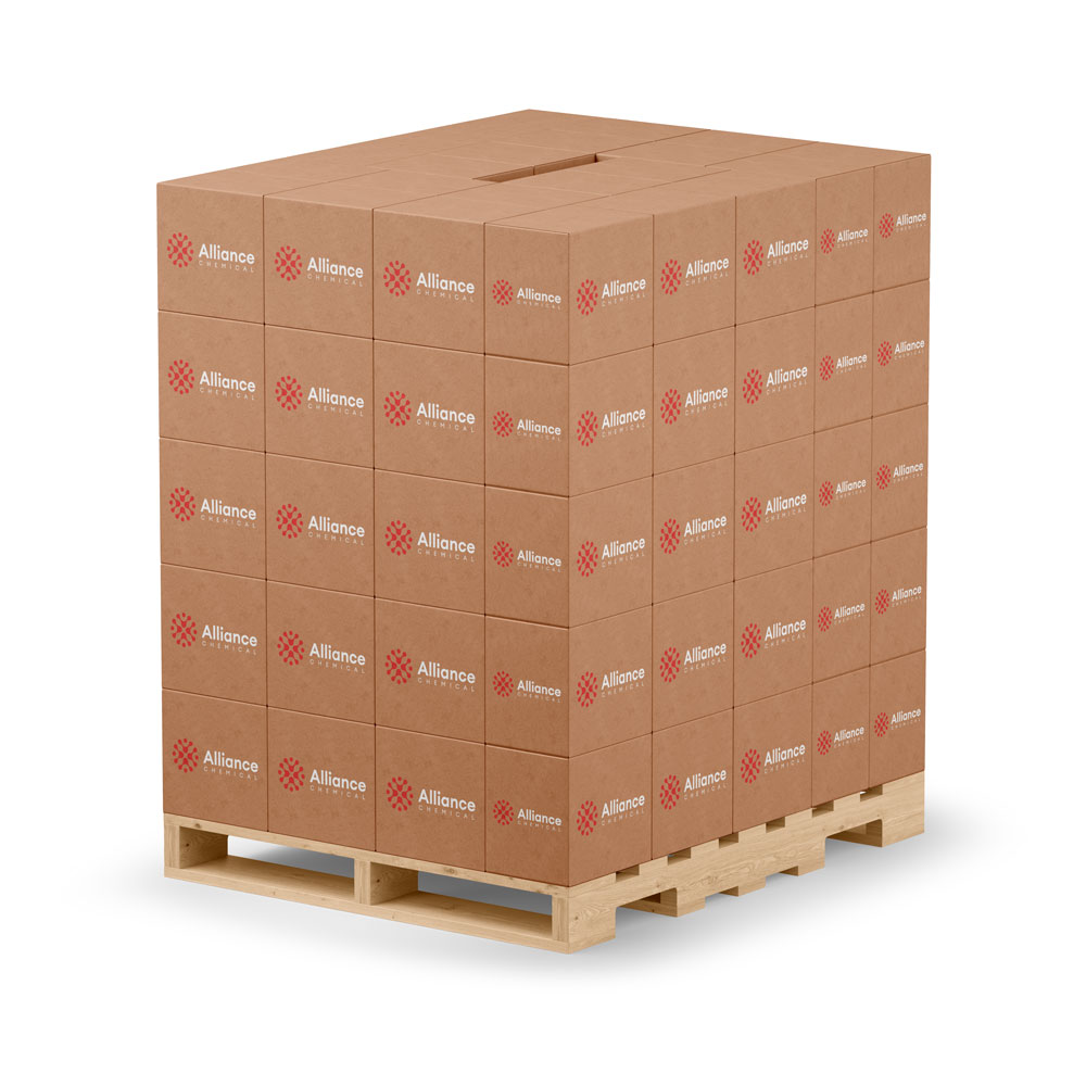 Forty-eight cardboard boxes of Alliance Chemical Hydrochloric Acid 5% Technical Grade on a wooden pallet.