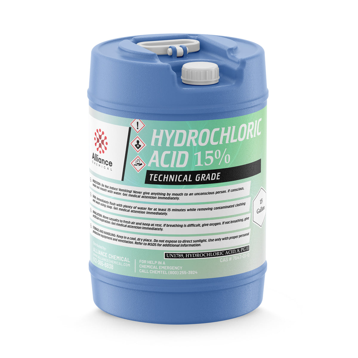15-gallon HDPE drum of 15% Hydrochloric Acid Technical Grade, with hazard pictograms, safety instructions, and Alliance